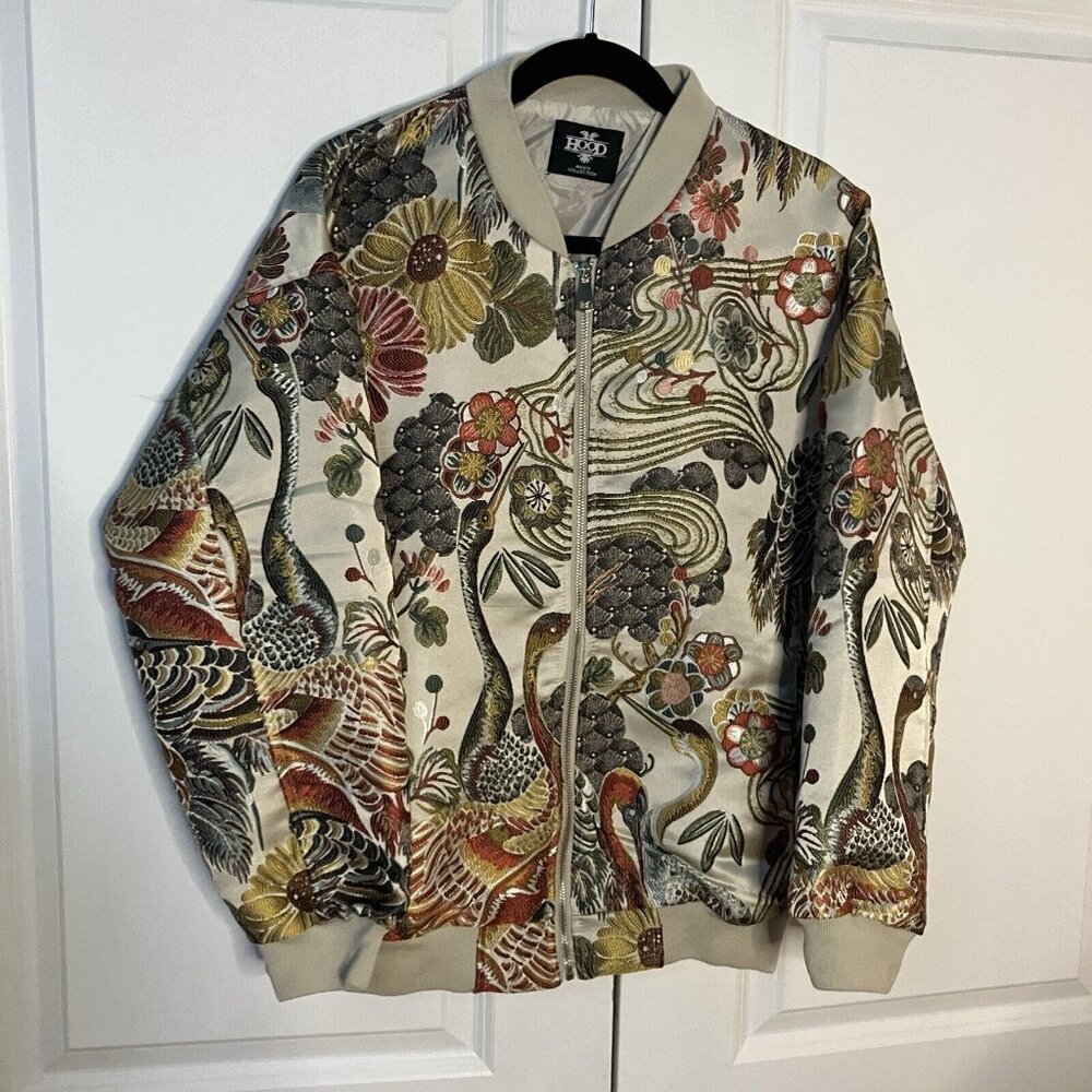 Hood Crew Bomber Jacket Mens Satin Embroidered Floral Bird Full Zip